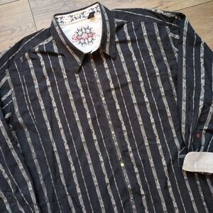 Robert Graham Striped Button Down Shirt Black Gray Flip Cuff Embroidered 4X